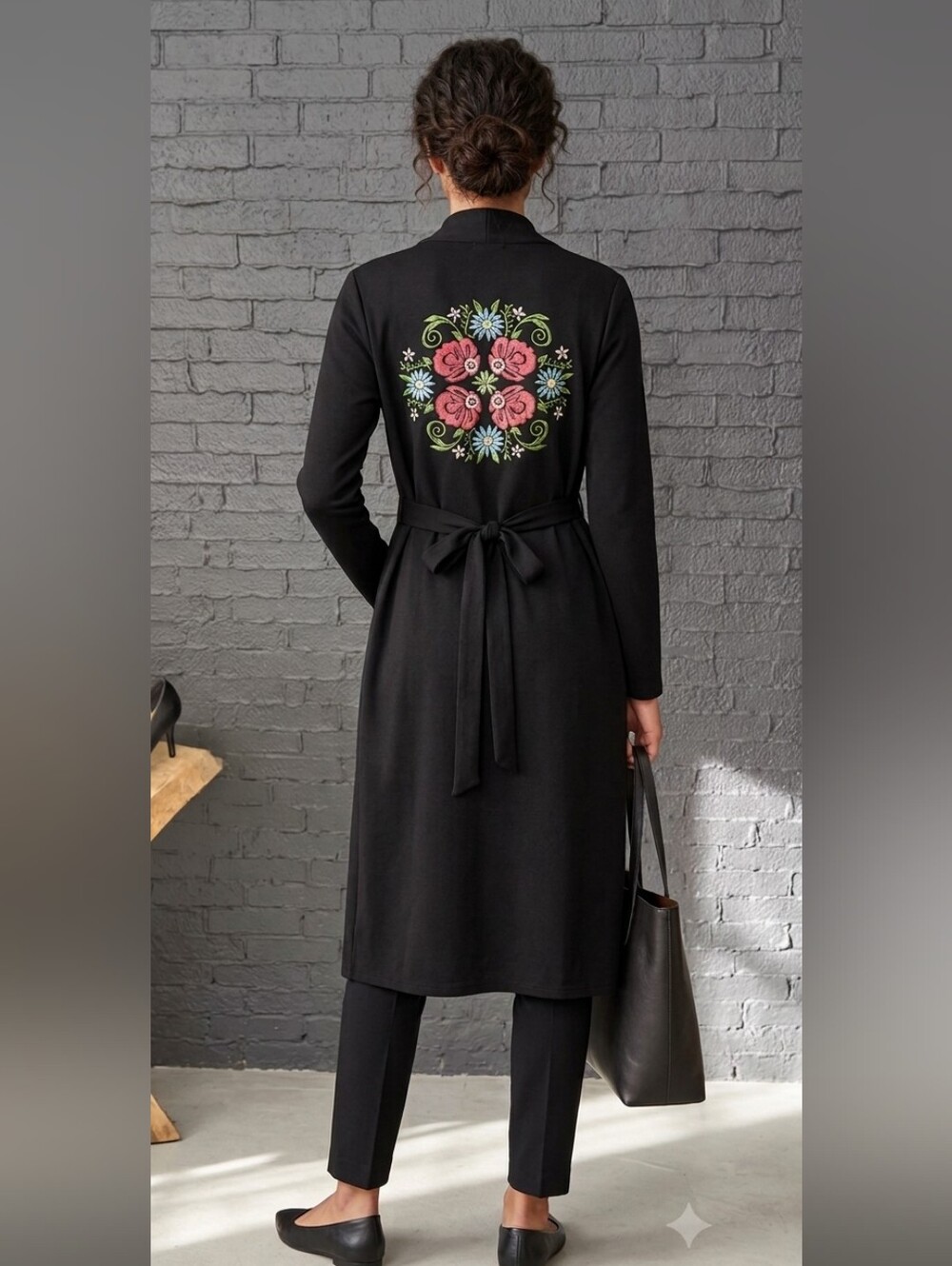 BOOHOO kimono duster long sweater jacket floral back detail tie waist black
